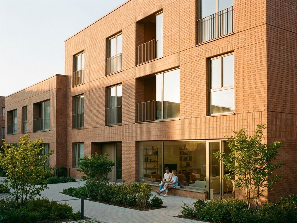 Modernes Wohngebäude aus terrakottafarbenen Ziegeln mit geometrischen Linien, Balkonen und großen Fenstern bei Goldstunde