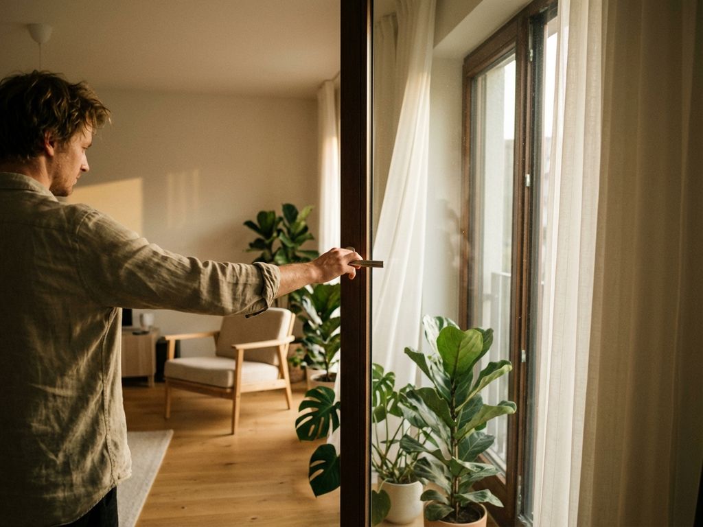 Person öffnet Holzfenster in modernem deutschen Wohnzimmer mit bodentiefen Fenstern und natürlichem Licht