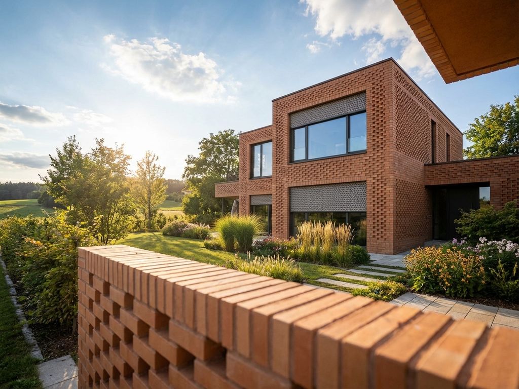 Modernes Einfamilienhaus mit Terrakotta-Klinkerfassade, großen Fenstern und gepflegtem Garten in Bayern