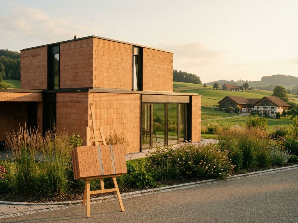 Modernes Einfamilienhaus mit geometrischen Terrakotta-Ziegeln, dunklen Rollläden und Glasfenstern vor bayerischer Hügellandschaft