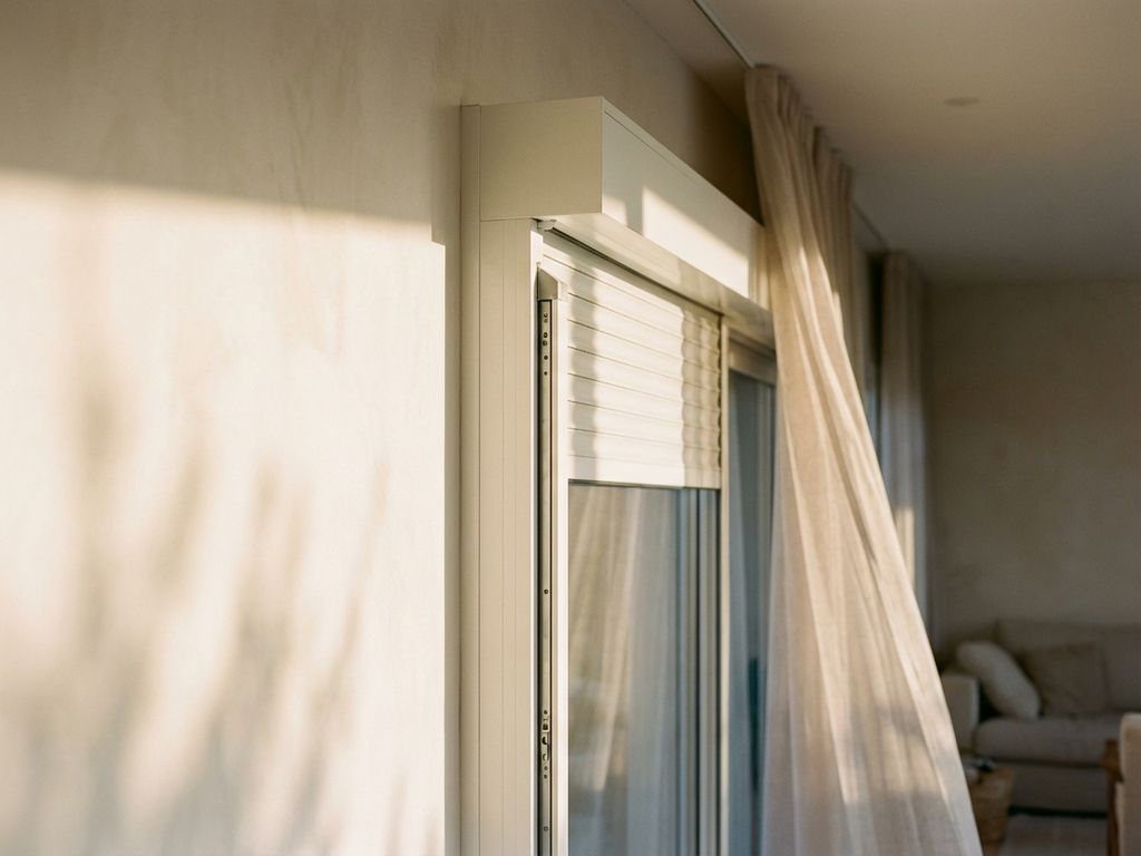 Modernes Fenster mit weißen Rollläden, Sonnenlicht strömt durch Glas und wirft weiche Schatten auf minimalistische Wand