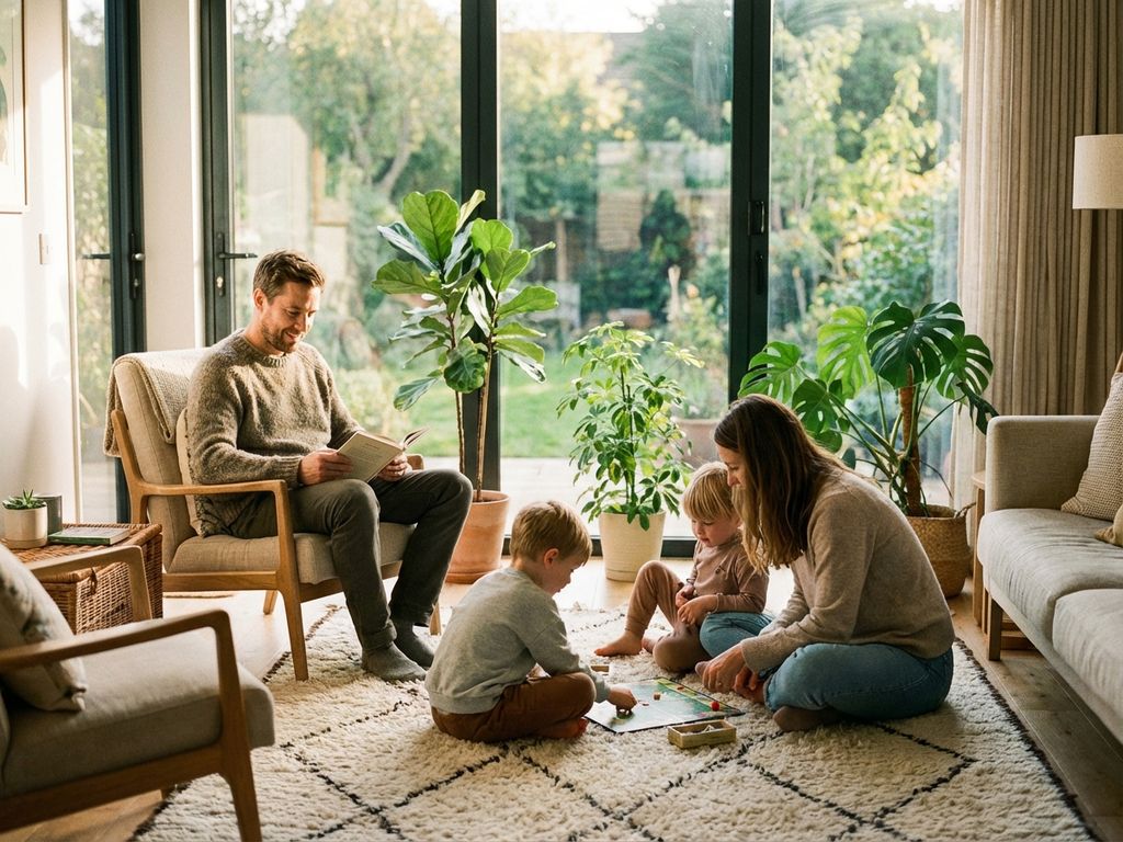 Familie von vier entspannt im modernen Wohnzimmer: Vater liest, Mutter und Kinder spielen Brettspiel auf Teppich