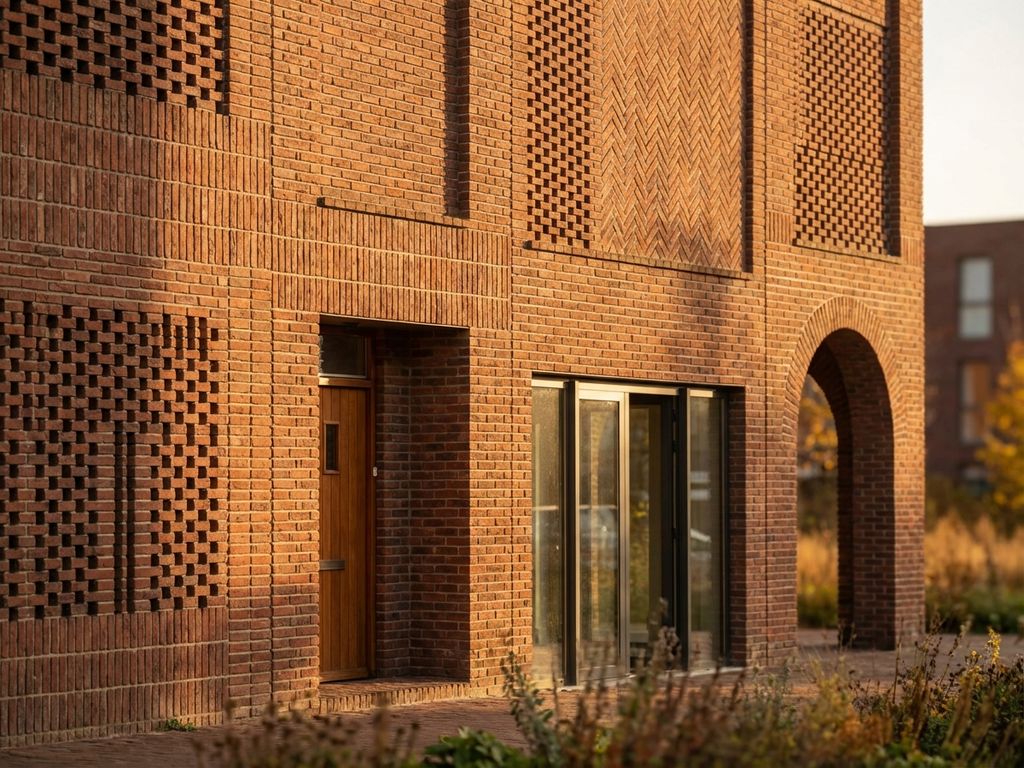 Moderne Ziegelwand mit roten Klinkern in verschiedenen Mustern, beleuchtet von warmem Sonnenlicht mit sichtbaren Schatten