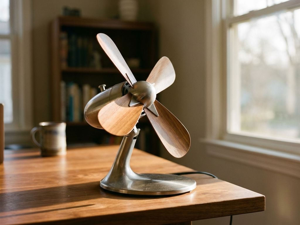 Moderner Oszillationsventilator mit gebogenen Flügeln auf Holzschreibtisch, sanftes Sonnenlicht betont elegante Bewegung