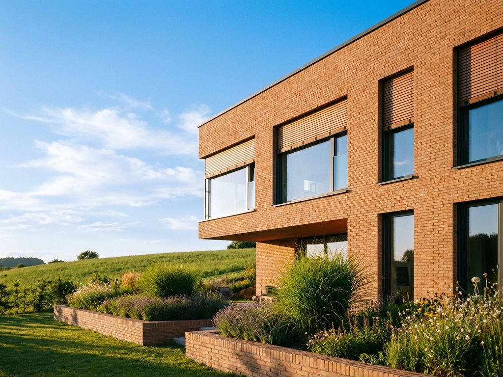 Modernes Einfamilienhaus mit Terrakotta-Ziegelfassade und Panoramafenstern in bayerischer Landschaft mit Garten