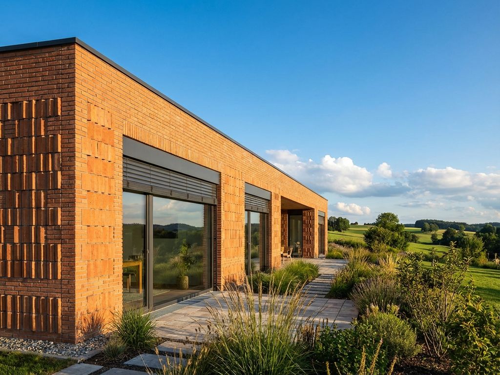 Modernes Einfamilienhaus mit Terrakotta-Ziegelfassade und bodentiefen Fenstern in bayerischer Landschaft