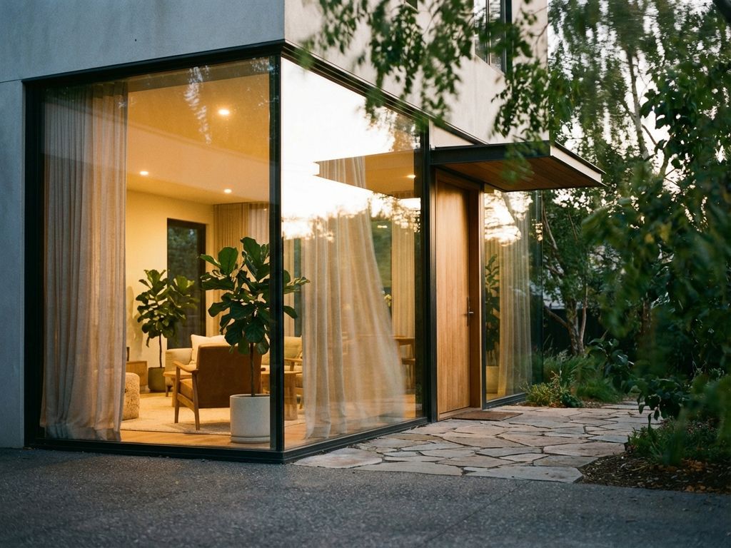 Modernes Haus mit großen Fenstern, warmem Licht und grünen Pflanzen für natürliche Belüftung und Wohnkomfort