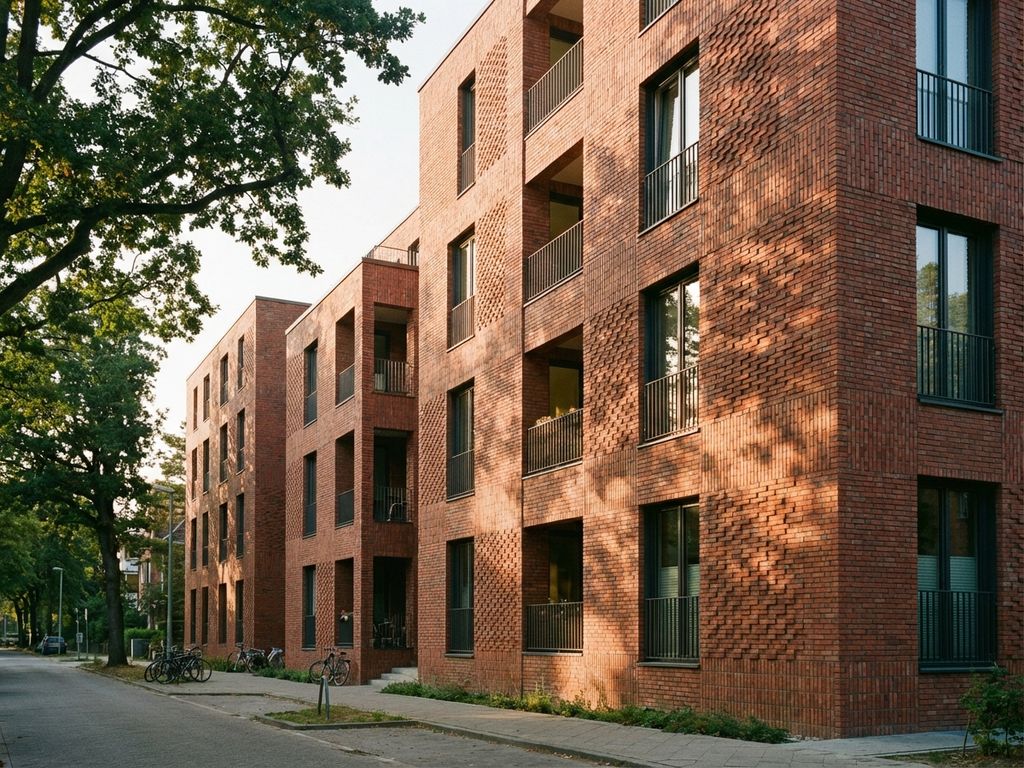 Modernes mehrstöckiges Wohngebäude mit rotem Backstein, geometrischen Mustern und großen Fenstern in ruhiger Nachbarschaft