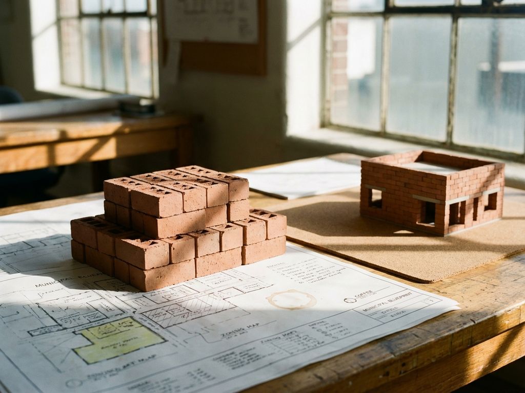 Stapel roter Ziegelmodule auf Architekten-Schreibtisch mit Bauplänen und Miniatur-Wohngebäude im Hintergrund