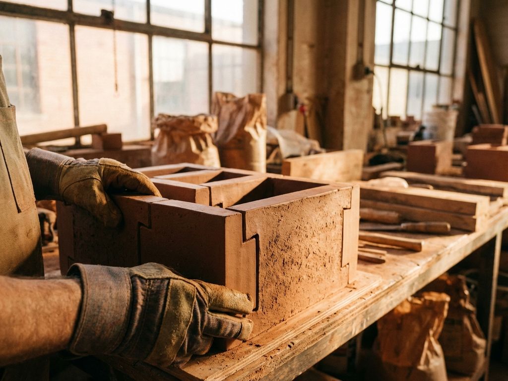 Hände in Arbeitshandschuhen fügen rote modulare Ziegel auf Holzwerkbank zusammen, warmes Licht beleuchtet die Textur