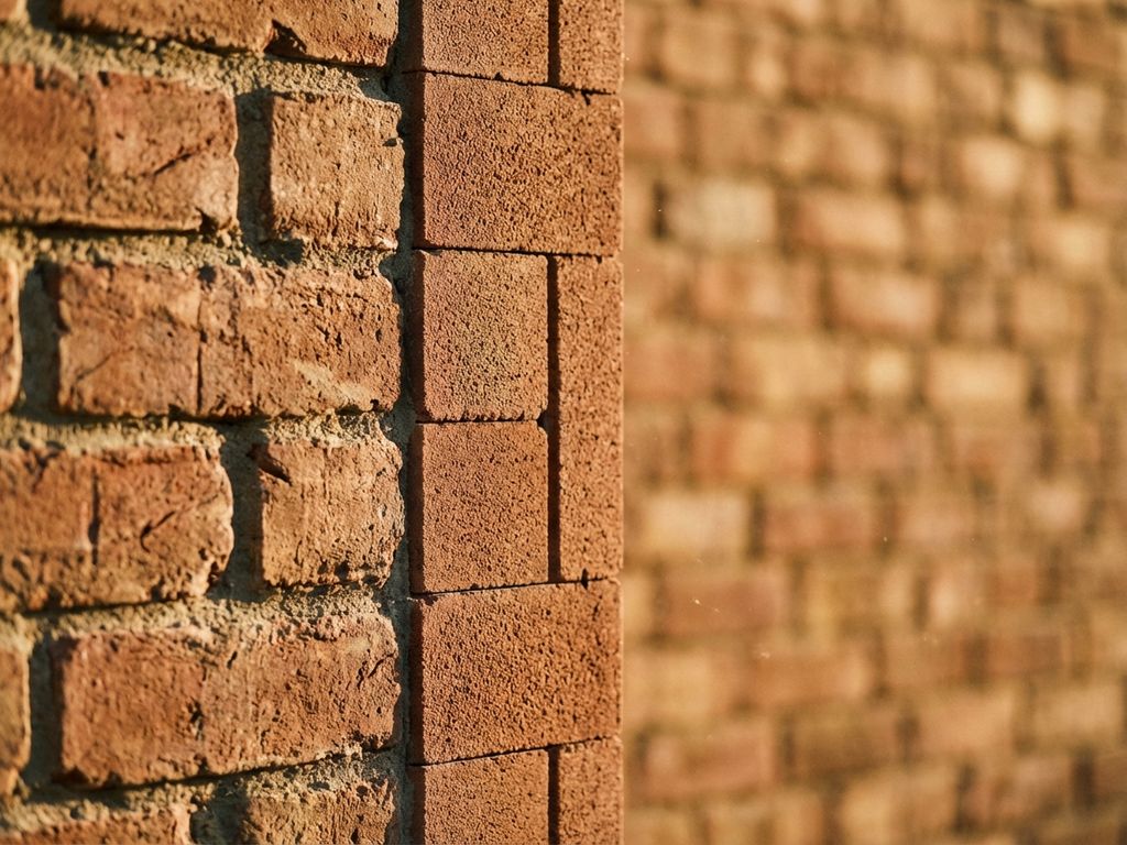 Backsteinmauer mit traditioneller und moderner modularer Bauweise, warmes Sonnenlicht betont Textur und Handwerkskunst