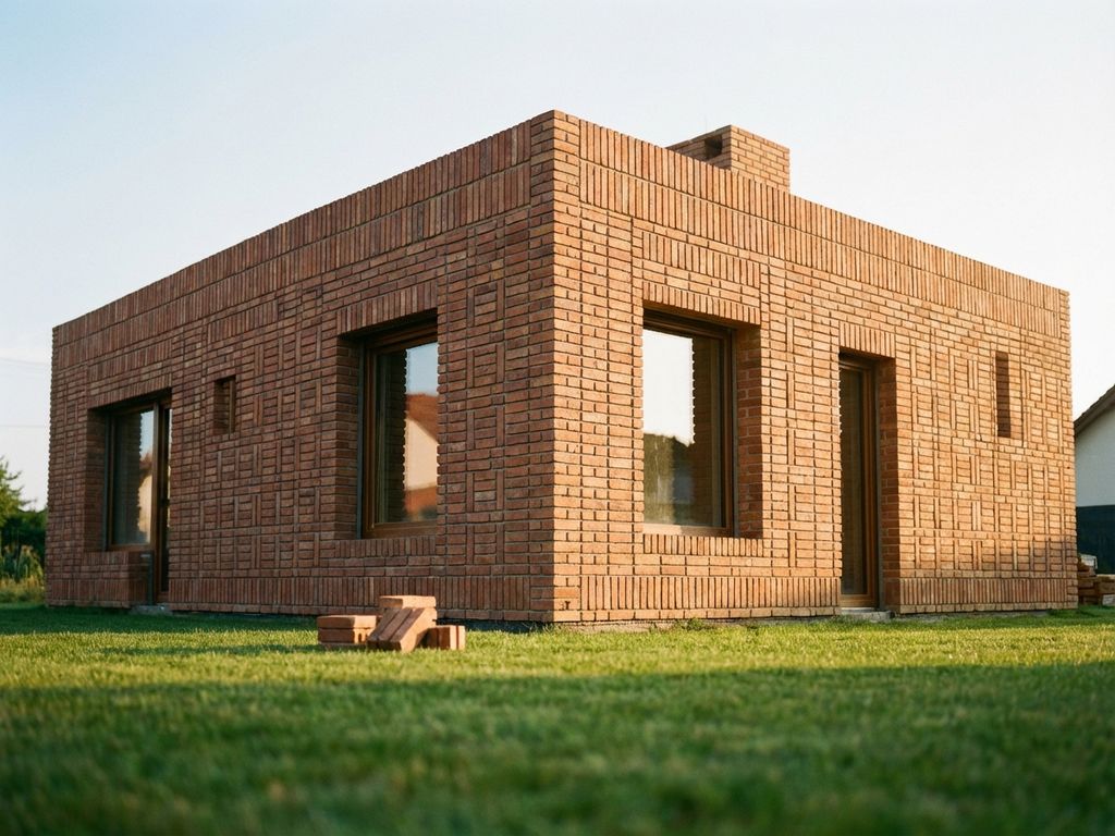 Einfamilienhaus aus modularen Ziegelbausteinen mit geometrischer Fassade in warmem Terrakotta-Ton bei goldenem Sonnenlicht