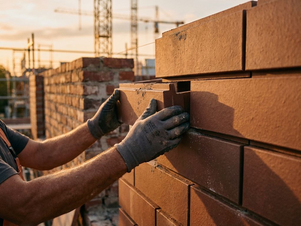 Bauarbeiter platziert Modulziegel präzise in Mauerwand, traditionelle Ziegel im Hintergrund, warmes Sonnenlicht