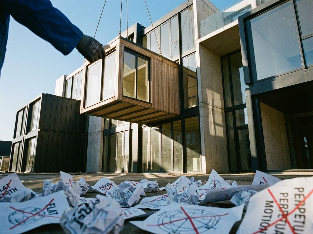 Modernes modulares Gebäude mit Glasfenstern, Architekt setzt letztes Modul ein, zerknüllte Papiere im Vordergrund