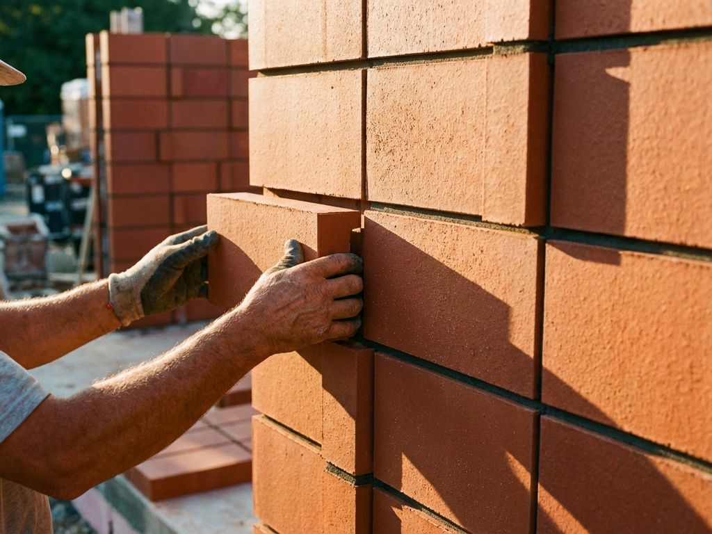 Bauarbeiter platziert modularen Ziegel in moderne Mauerwand bei goldenem Sonnenlicht mit präzisen geometrischen Mustern