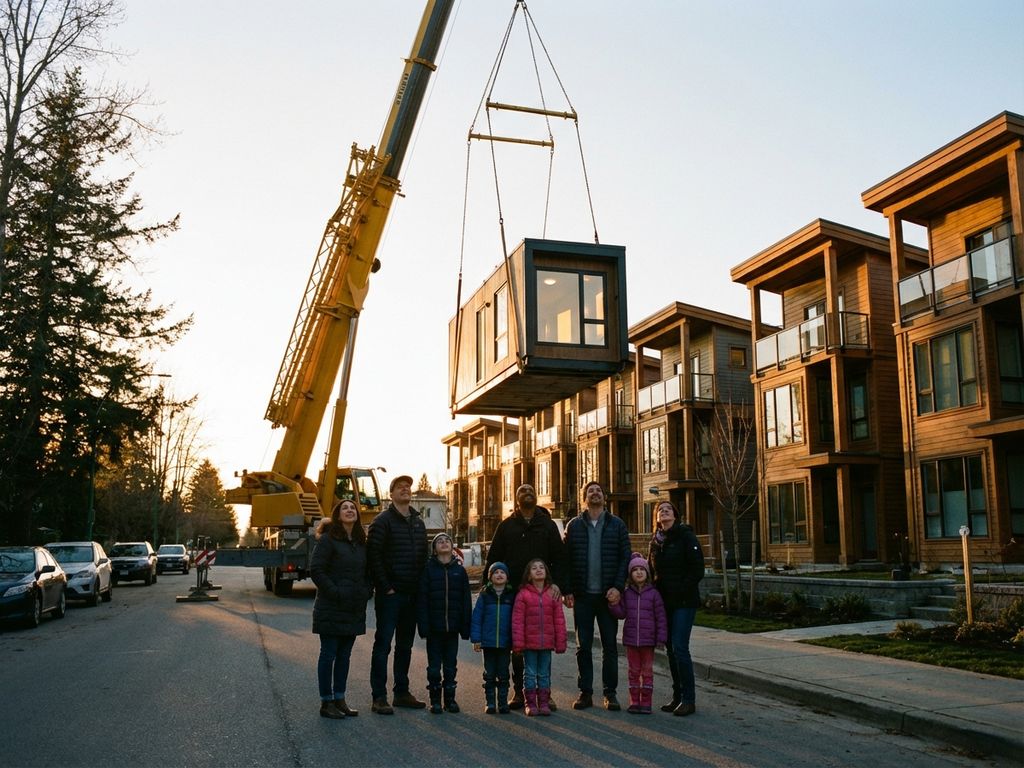 Baukran positioniert vorgefertigtes Modulhaus zwischen modernen Sozialwohnungen, Familien schauen hoffnungsvoll zu