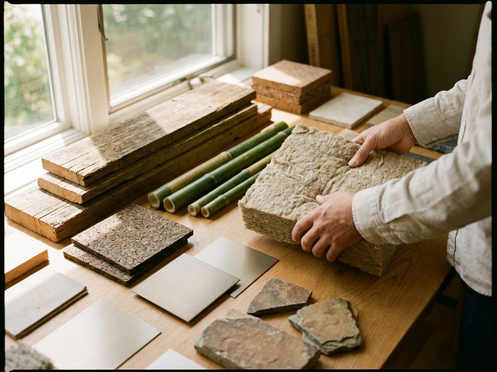 Hände untersuchen nachhaltiges Dämmmaterial auf Holztisch mit Bambus, Kork, recyceltem Metall und Naturstein
