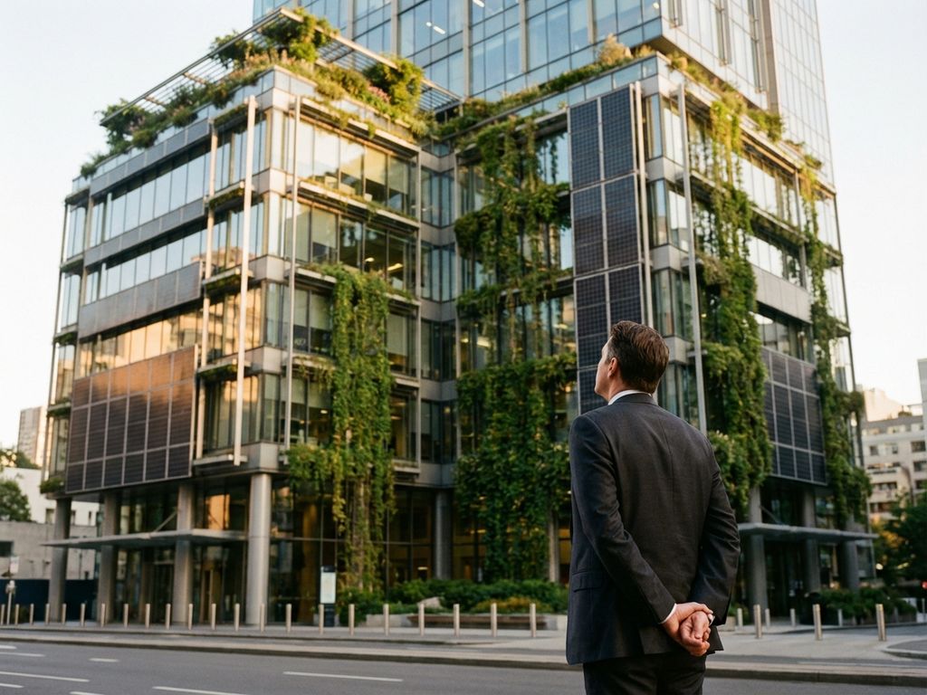 Geschäftsmann betrachtet modernes Bürogebäude mit Dachgarten, Solarpanels und grüner Fassade bei goldenem Sonnenlicht