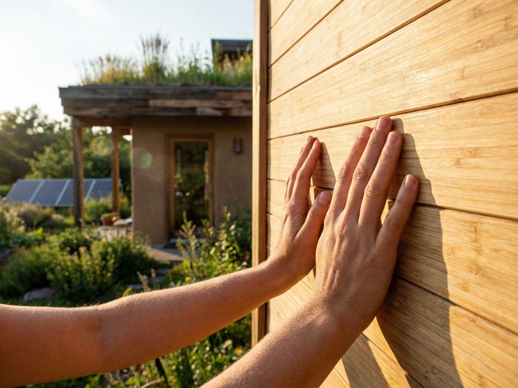 Person berührt Bambuswand eines nachhaltigen Hauses mit Gründach, Solarpanels und natürlichen Materialien im warmen Licht