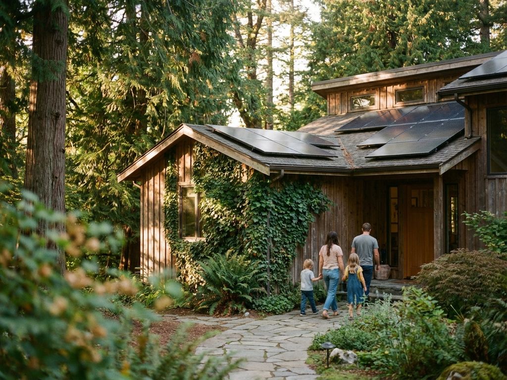 Moderne umweltfreundliche Familie geht zu Öko-Haus mit Solarpanels und grüner Fassadenbegrünung im Wald
