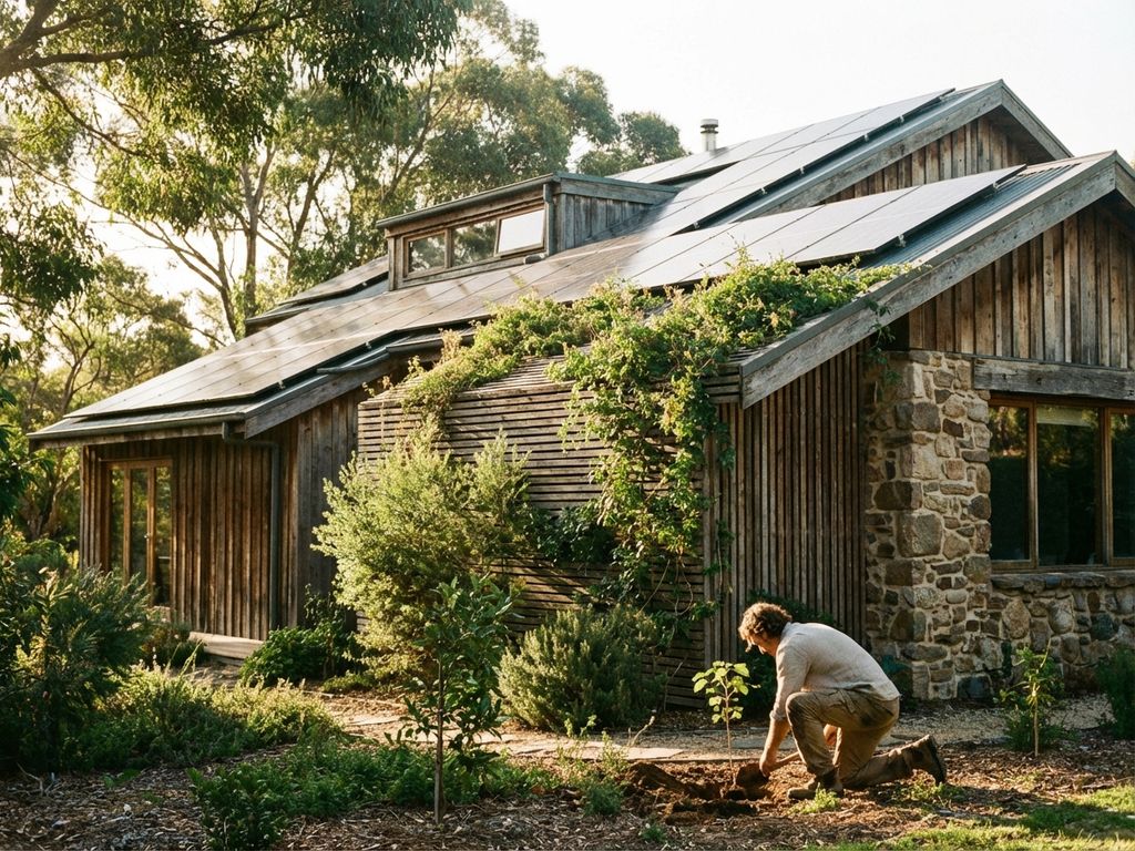 Modernes Ökohaus mit Solarpanels und Holzfassade, Person pflanzt Baum im Vorgarten bei goldenem Sonnenlicht