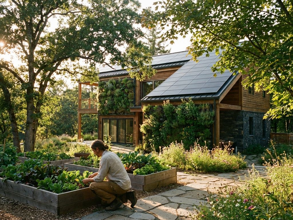 Umweltfreundliches Haus mit Solarpanels und begrünten Wänden, Person pflegt Gemüsegarten zwischen einheimischen Pflanzen