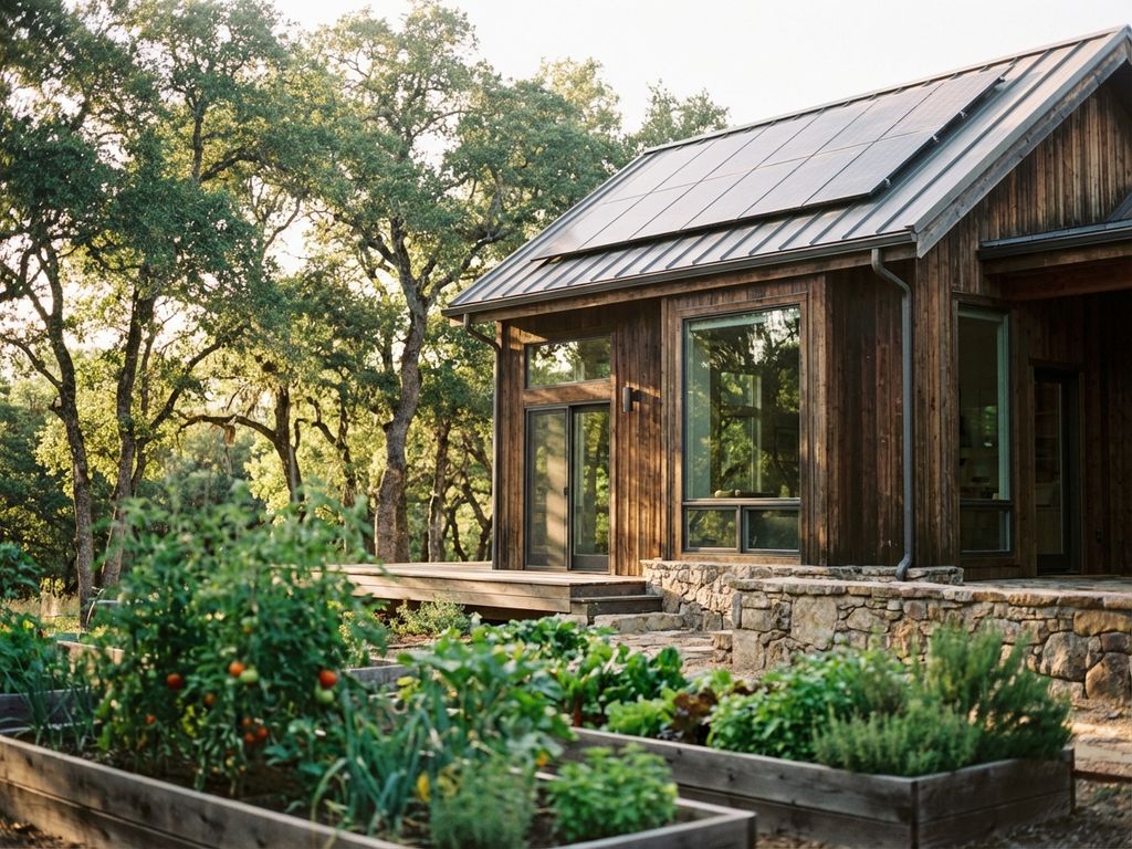 Modernes Öko-Haus mit Glasfenstern, Holzfassade und Solarpanels, umgeben von Garten und Bäumen im goldenen Licht