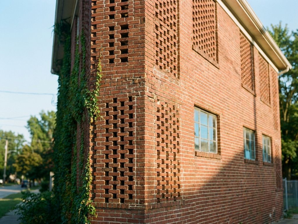 Rotes Backsteingebäude mit modularer Konstruktion, grünem Efeu und warmer Nachmittagssonne in Wohngebiet
