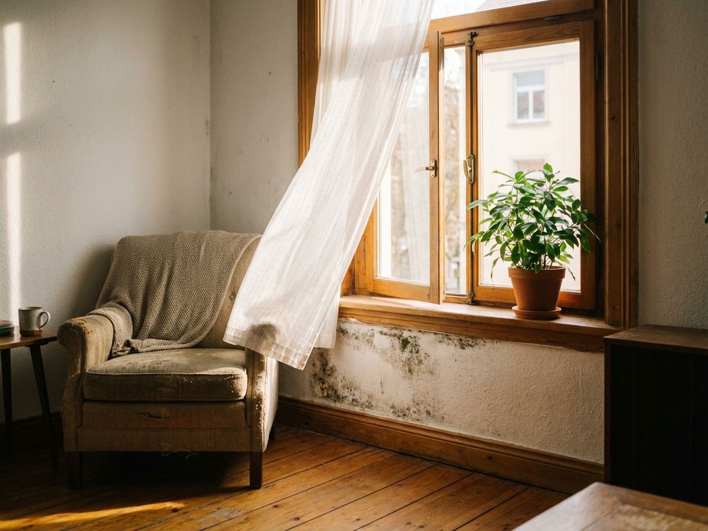 Wohnzimmerecke mit dunklen Schimmelflecken an weißer Wand, offenes Fenster mit Topfpflanze und Sonnenlicht auf Holzboden
