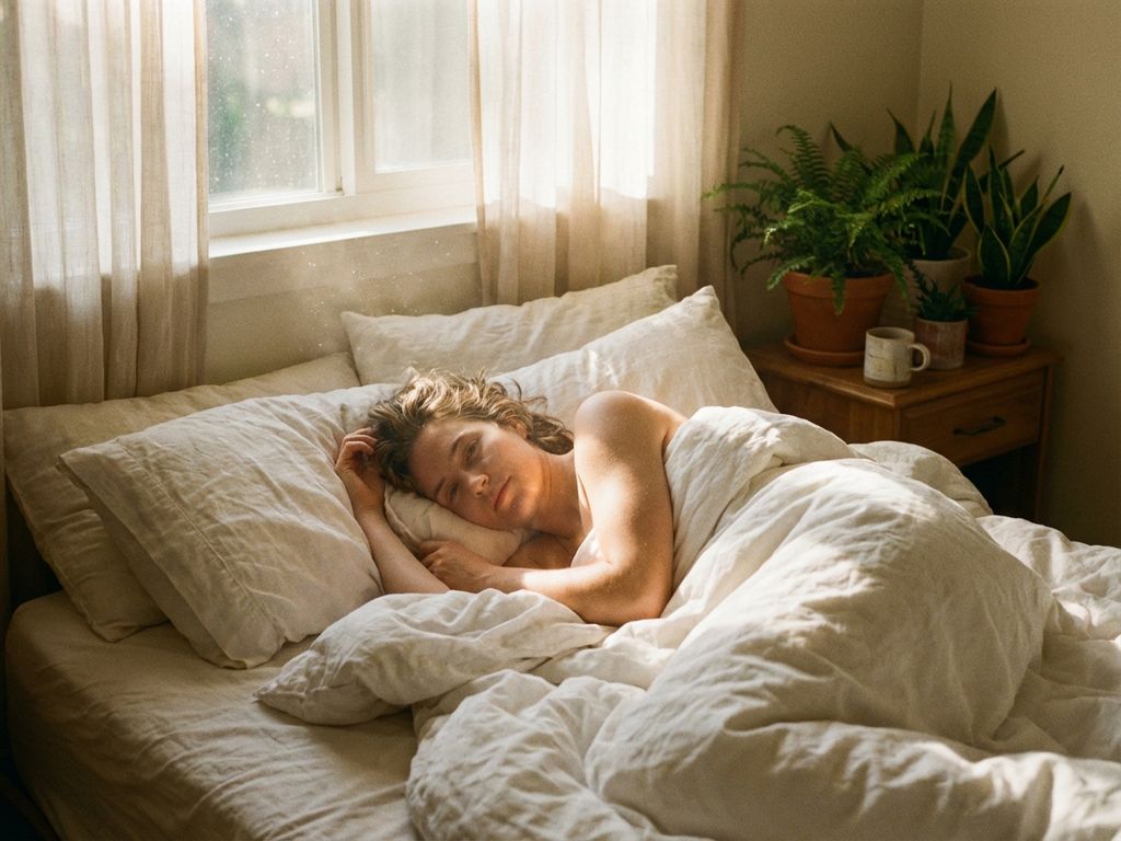 Person schläft friedlich in hellem Schlafzimmer mit Sonnenlicht, grünen Pflanzen und weißer Bettwäsche