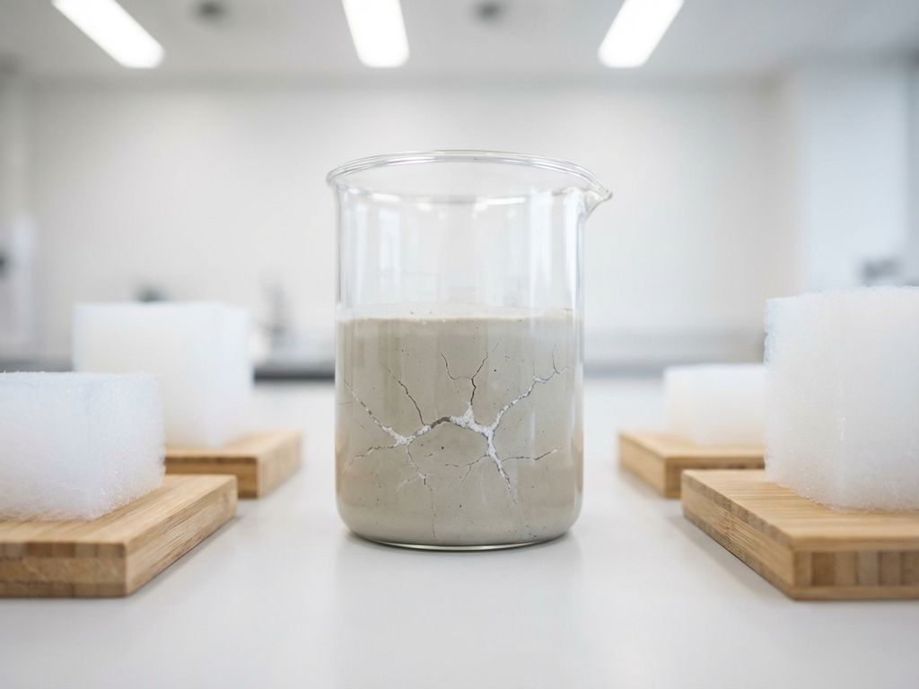 Glasbecher mit selbstheilendem Beton auf Labortisch, umgeben von Aerogel-Isolierung und Bambus-Verbundplatten