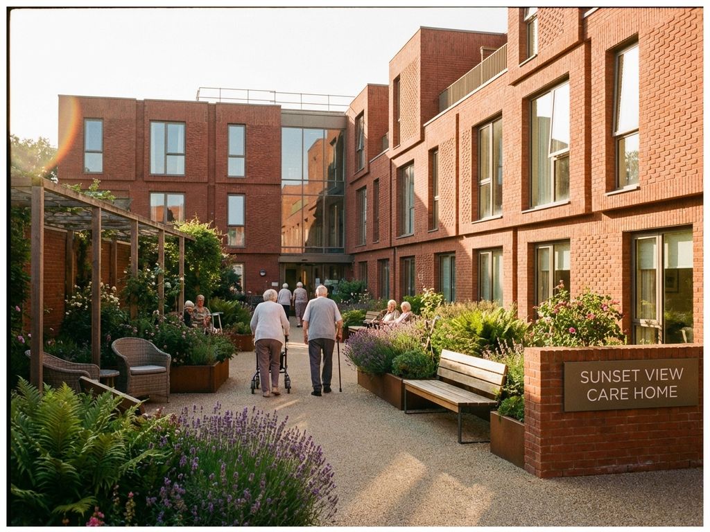 Moderne Pflegeeinrichtung aus roten Ziegelmodulen mit Senioren im sonnigen Innenhofgarten und gemütlichen Sitzbereichen