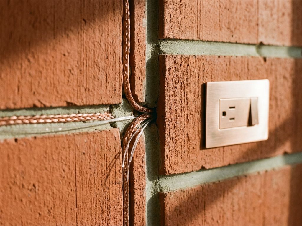 Rote Ziegelsteine mit integrierten Smart-Home-Funktionen, Kupferkabeln und eingebetteter Steckdose in Nahaufnahme