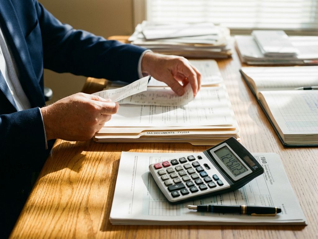 Geschäftsmann organisiert Steuerdokumente und Belege am Schreibtisch mit Taschenrechner und Füller