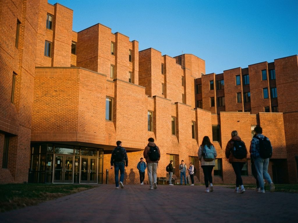 Modernes Studentenwohnheim aus roten Ziegelmodulen mit Studenten auf dem Gehweg, goldenes Licht der Abendsonne
