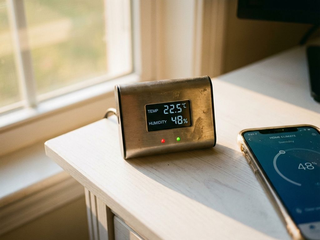 Moderner Temperatursensor mit digitalem Display auf weißem Schreibtisch neben Smartphone mit Steuerungs-App