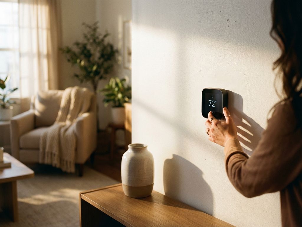 Person stellt modernen digitalen Thermostat an weißer Wand in hellem Wohnraum ein