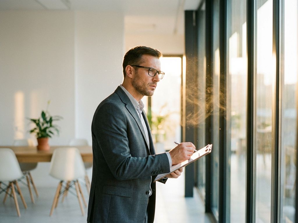Professioneller Berater in modernem Büro prüft Fenster mit Klemmbrett, natürliches Licht zeigt Luftzirkulation