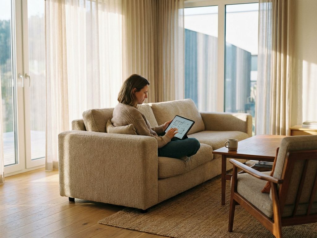 Junger Hausbesitzer sitzt auf Sofa mit Tablet und Grundrissen, plant in modernem Wohnzimmer mit Holzboden
