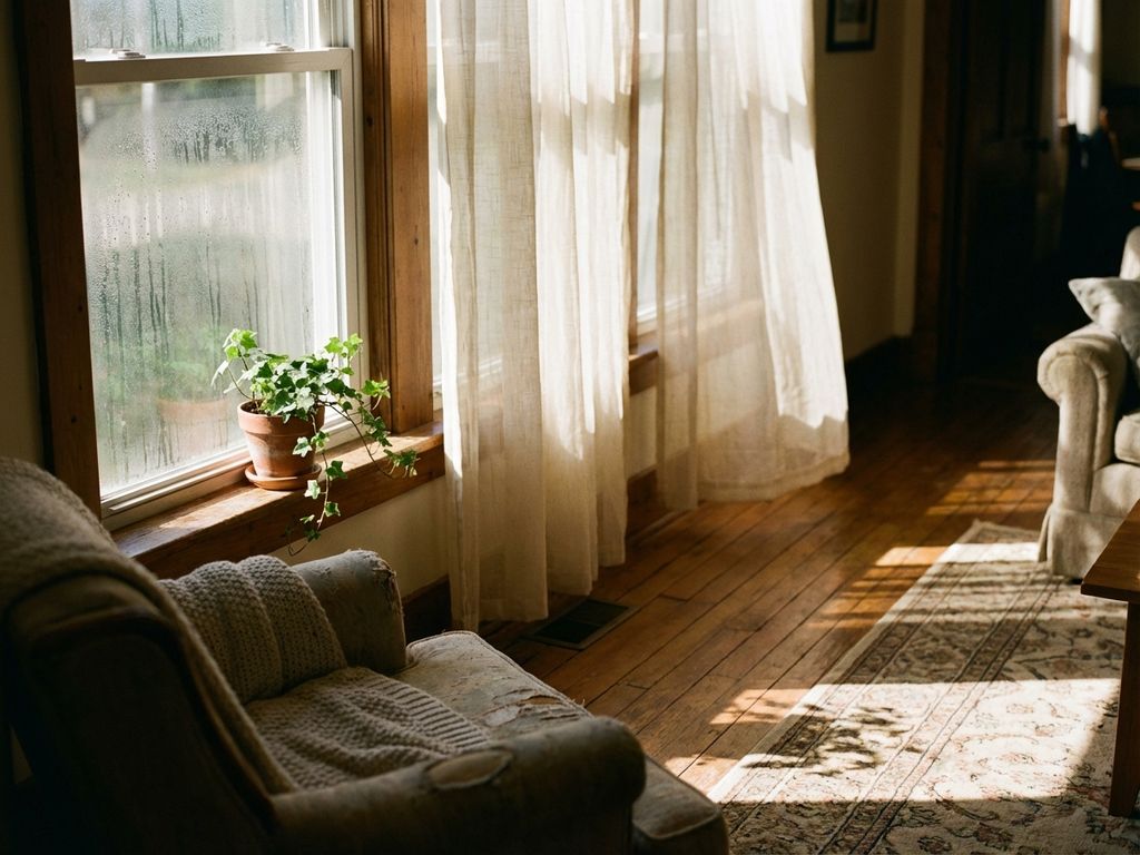 Gemütliches Wohnzimmer mit Kondensationstropfen am Fenster, Topfpflanze auf Fenstersims, warmes Sonnenlicht auf Holzboden
