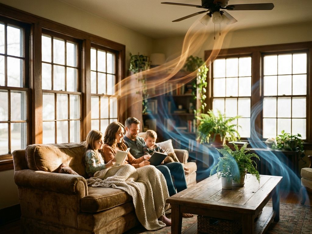 Familie entspannt auf Sofa in gemütlichem Wohnzimmer mit warmem Sonnenlicht und natürlicher Luftzirkulation