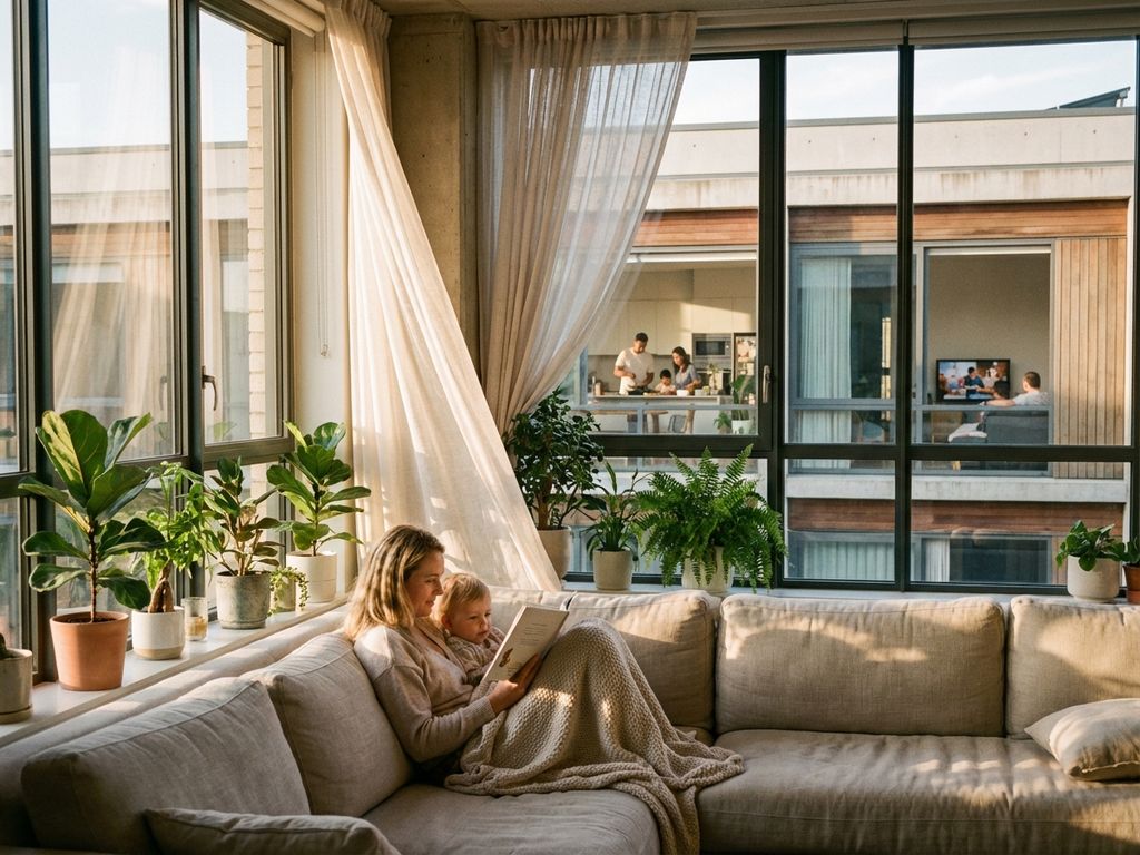 Mutter und Kind lesen zusammen auf Sofa in modernem Wohnzimmer mit großen Fenstern und natürlichem Licht