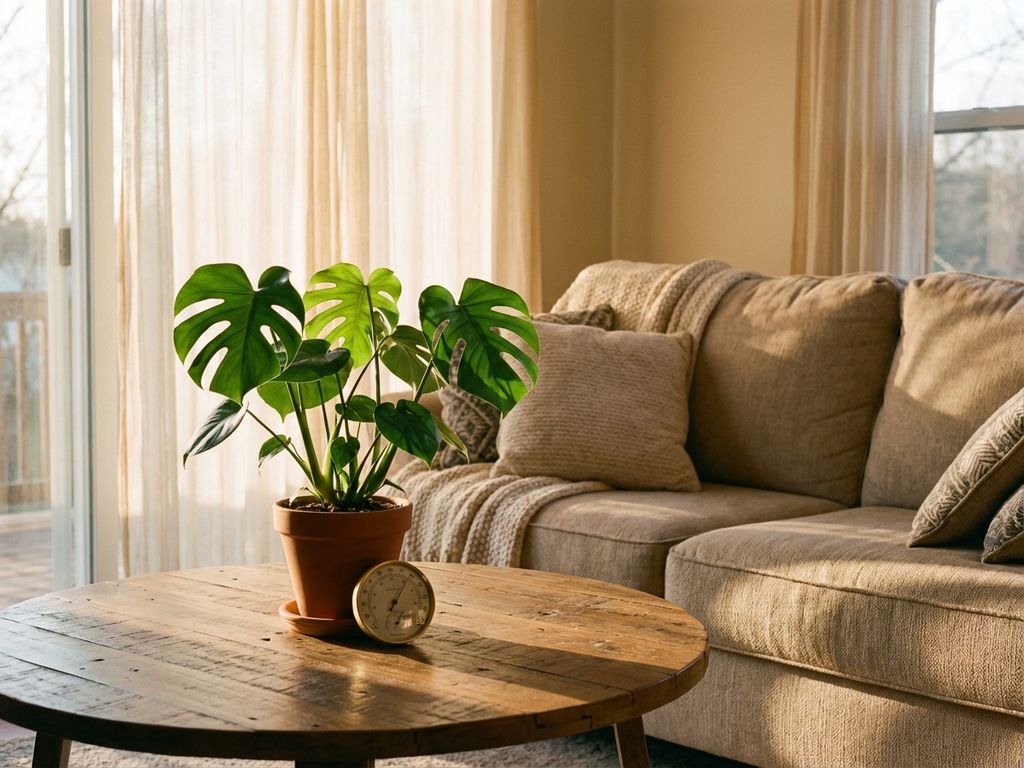 Grüne Zimmerpflanze und Hygrometer auf Holztisch in gemütlichem Wohnzimmer mit warmem natürlichem Licht