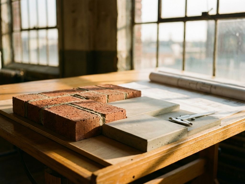 Rote Ziegelsteine und glatte Betonplatten auf Architektentisch mit Messschieber, natürliches Tageslicht betont Texturen
