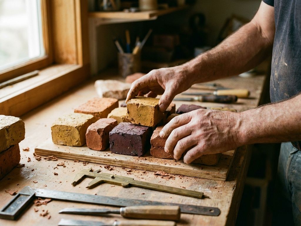 Handwerker arrangiert verschiedenfarbige Ziegelmodule auf Werkbank mit Präzisionswerkzeugen in warmer Werkstattbeleuchtung