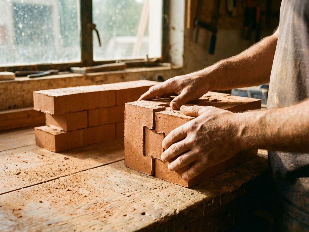 Bauarbeiter fügt modulare Ziegelsteine auf Holzwerkbank zusammen, teilweise fertige Mauer und einzelne Bausteine sichtbar