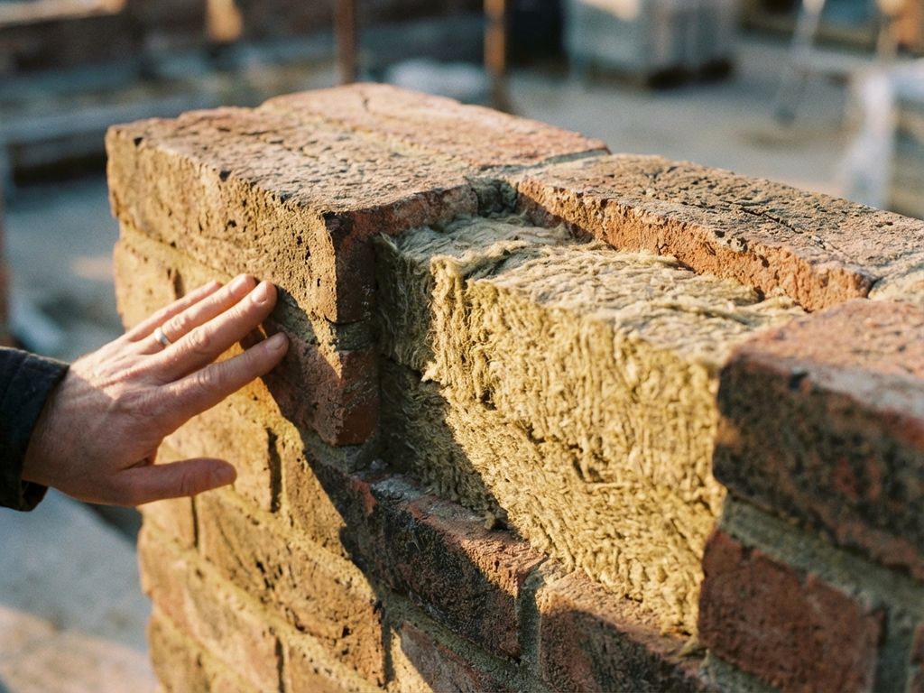 Querschnitt einer Ziegelwand mit Mineralwolle-Dämmschicht zwischen den Steinen, Hand zeigt Größenverhältnis