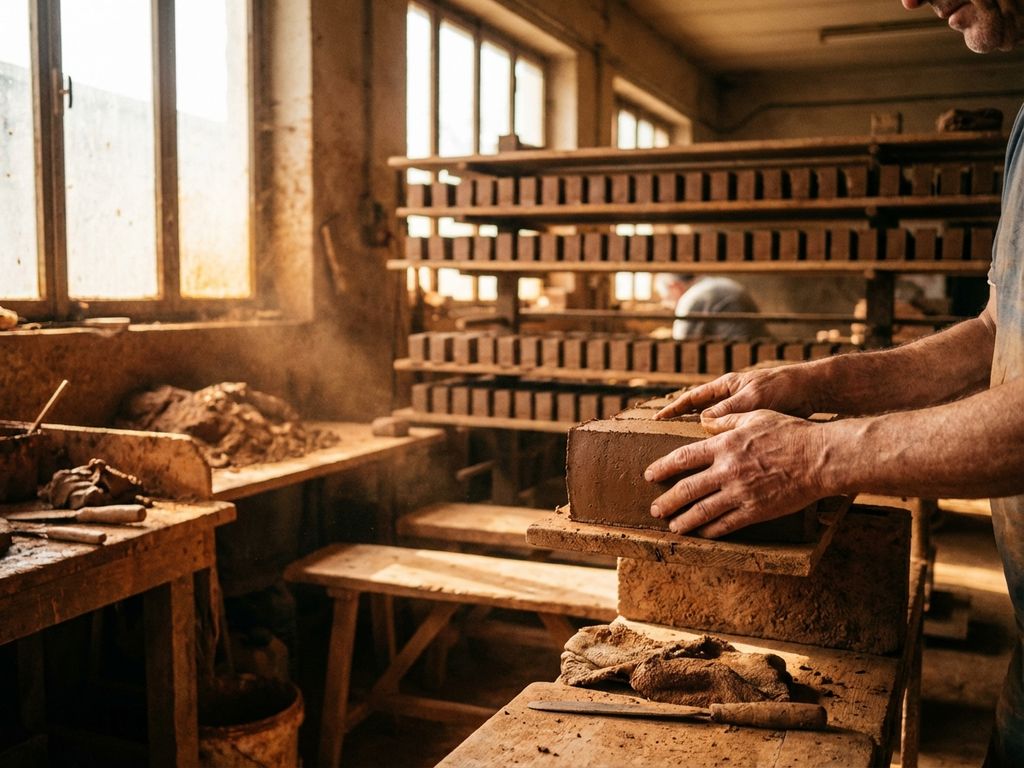 Handwerker legt roten Tonziegel in Holztrockengestell in traditioneller Ziegelei-Werkstatt bei warmem Sonnenlicht