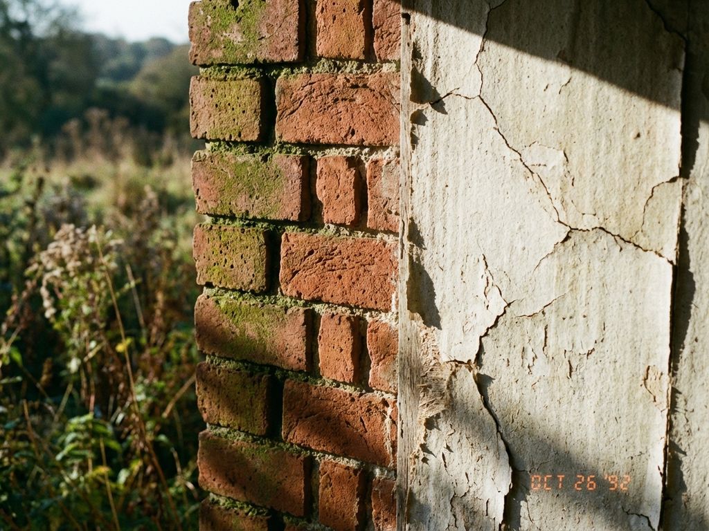 Verwitterte Ziegelwand neben beschädigtem Leichtbaupaneel, Morgenlicht betont Materialunterschiede und Texturen