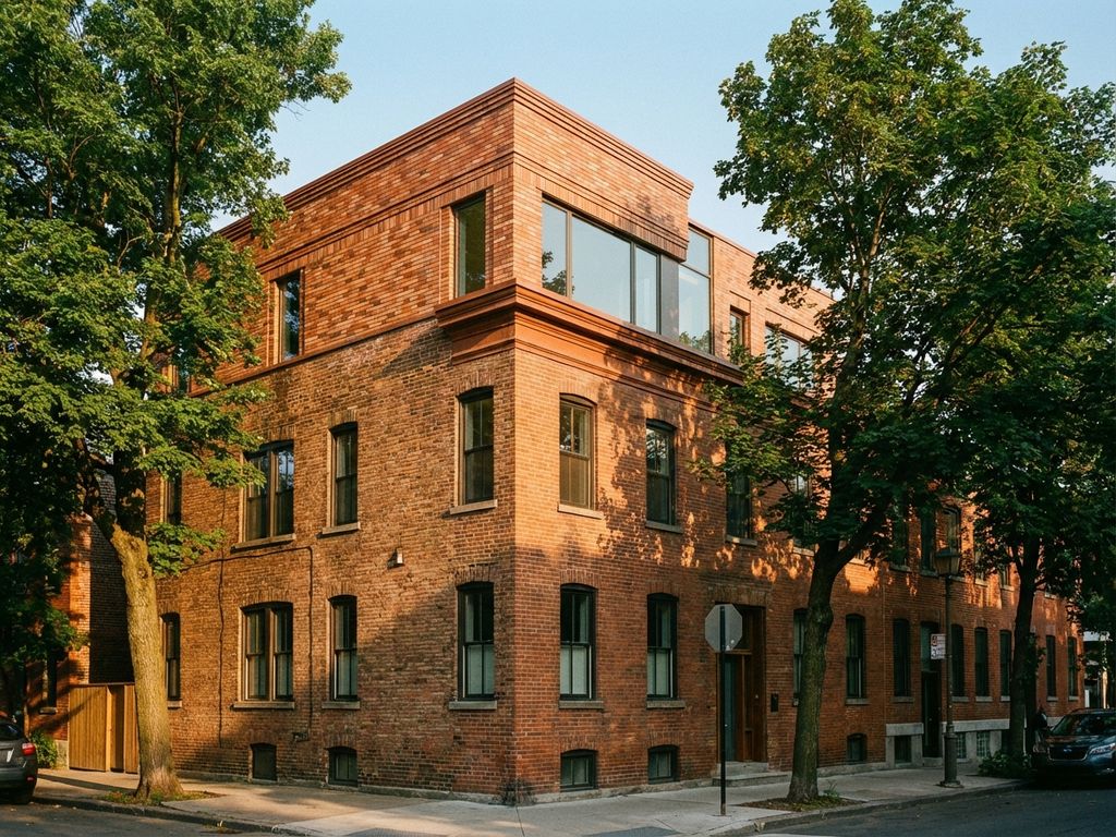 Mehrstöckiges Wohngebäude mit nahtloser Ziegelerweiterung im Obergeschoss, warme Terrakotta-Farbtöne in städtischer Umgebung